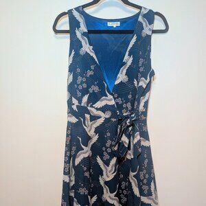 LA soul side tie cap sleeve dress with crane pattern, ALine skirt, sz M